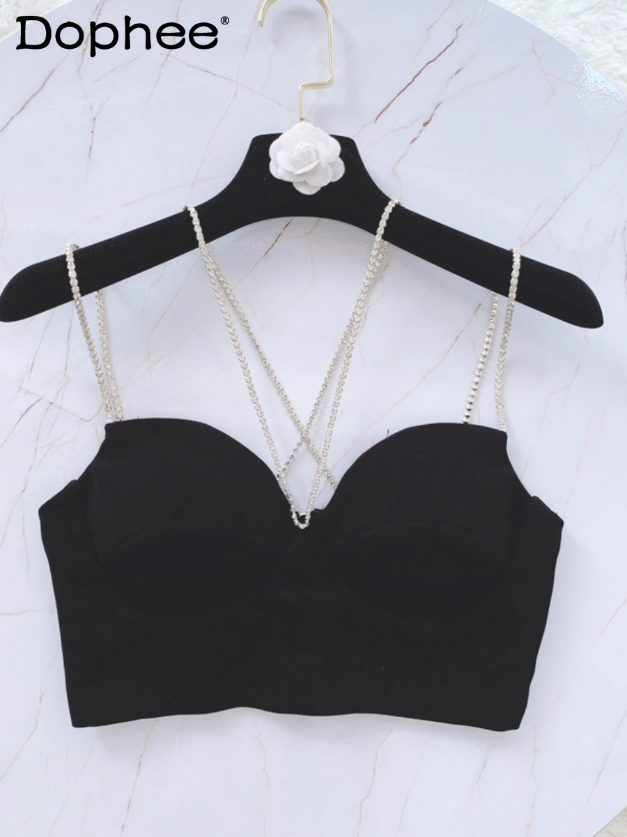 

Heavy Handmade Diomand Spaghetti Strap Camis Bra Crop Top Women Sexy Backless Vest Outer Wear Beach Seaside Nightclub Black Vest