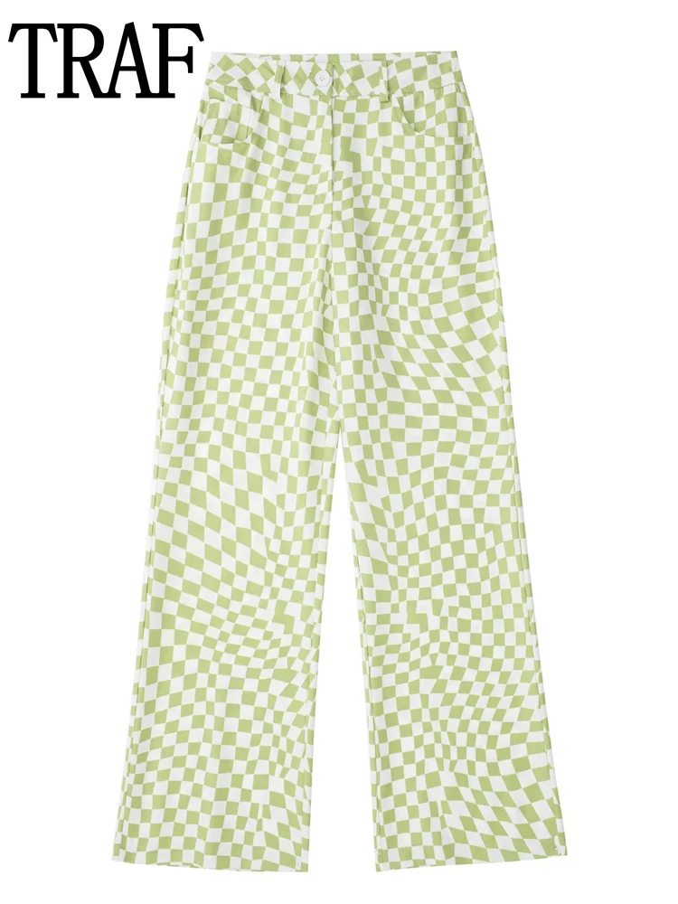 

TRAF Green Pants For Women High Waist Plaid Wide Leg Pants Woman Casual Printed Straight Leg Trousers Summer Baggy Pants