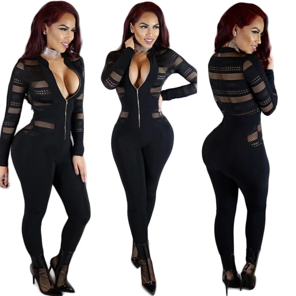 

Cutubly Zipper Tight Women Jumpsuits Skinny High Street Sexy Jumpsuit Slim Bodycon V Neck Bodysuit Playsuits Rompers Overalls