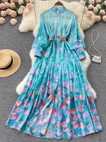 2022 spring autumn bohemian women romantic flower printed maxi dress stand collar long lantern sleeve chiffon belted vestido
