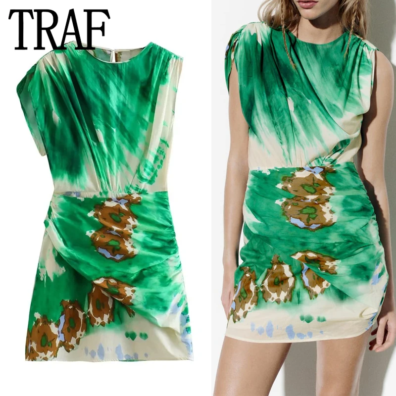 

Платье-Мини Летнее короткое с асимметричным рукавом и рюшами