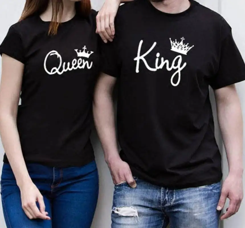 

Summer Women Tee Shirt Tops Camisetas Mujer King Queen Letter Crown Print T Shirt Couple Short Sleeve O Neck Loose Tshirt