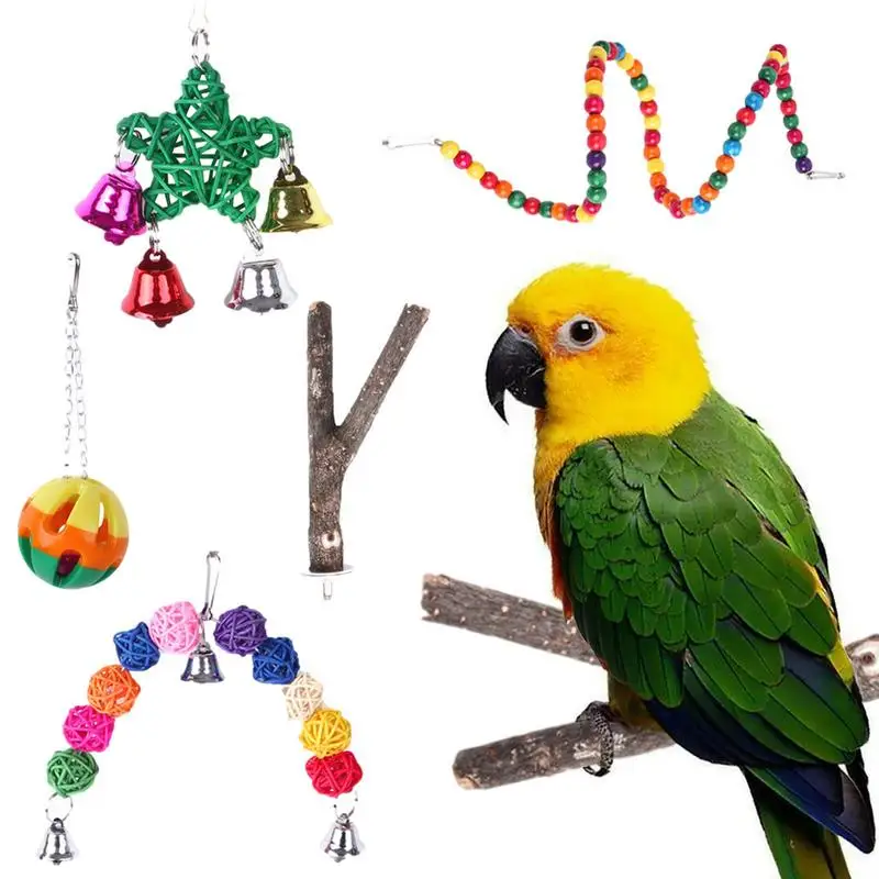 

Cockatiel Toys 5pcs Bird Swing Budgie Toys Wood Bird Cage Toy With Crisp Bell And Bird Perches For Parrots Birds To Climb Stand