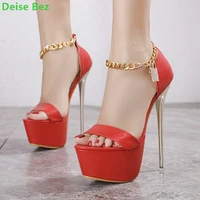 platform metal chain solid sandals round toe thin high heel shallow ankle strap cover heel sexy fashion women summer shoes