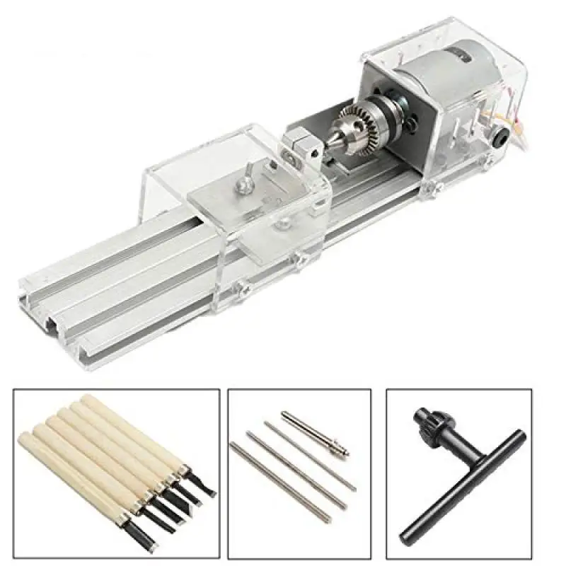 

DC12-24V 96W Mini Lathe Beads Machine Woodwork DIY Lathe With Power Carving Cutter Wood DIY Tool Lathe Grinding EU Plug