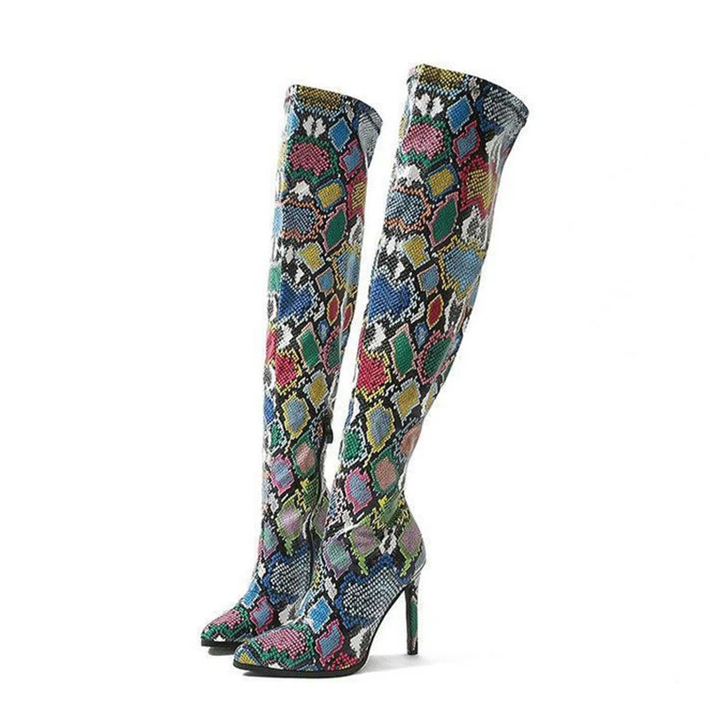 

Fashion Snake Pattern Side Zipper Thin Heels Women Thigh High Boots Super High Heels Pointed Toe Soft Sole Outdoor Slip-On Boots