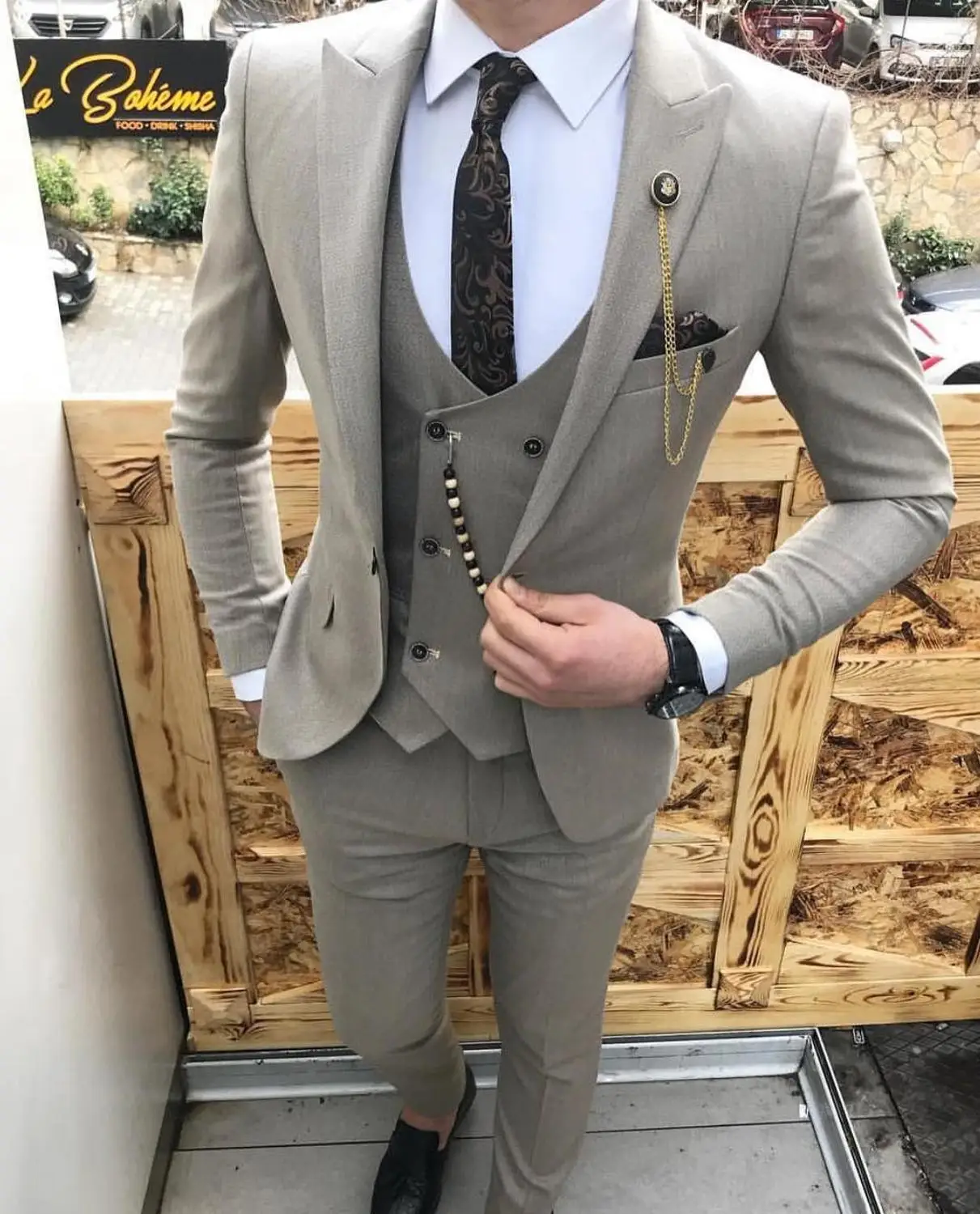 Elegant Suits For Men Wedding Slim Fit 3 Piece Grey Casual Prom Tuxedos Groom Peaked Lapel Business Men Suit(Blazer+Vest+Pant)