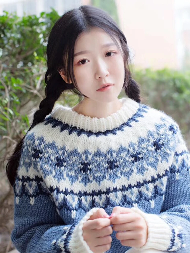 

Женский вязаный свитер ручной работы, плотный теплый пуловер из 100% шерсти, джемпер в скандинавском стиле, оригинальный дизайн, в винтажном стиле, весна-осень