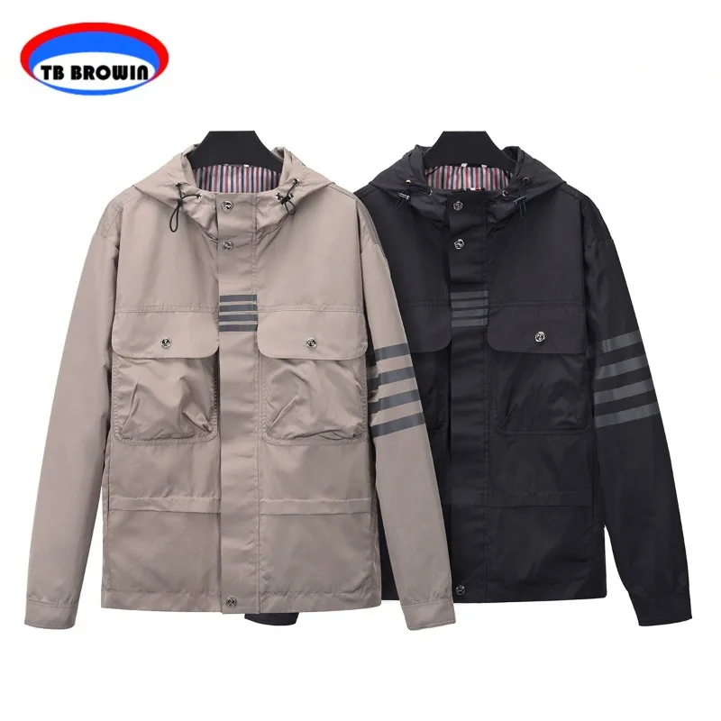 

TB BROWIN Thom Outdoor Jackets Men's Spring Autumn Fashion Four Bar Stripes Large Pocket Tops Y2K Casual Waterproof Hooded Coats