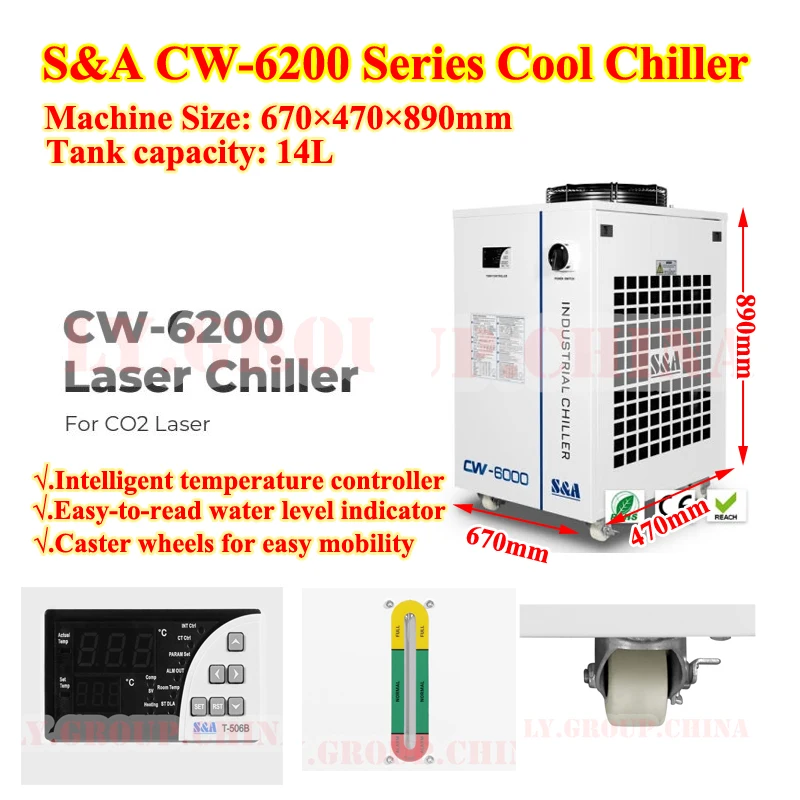 

CW-6200 Air Cool Chiller for CO2 Laser Engraving Machine Thermolysis Industrial Water Cooler 600W Glass Tube CNC Spindle Cooling