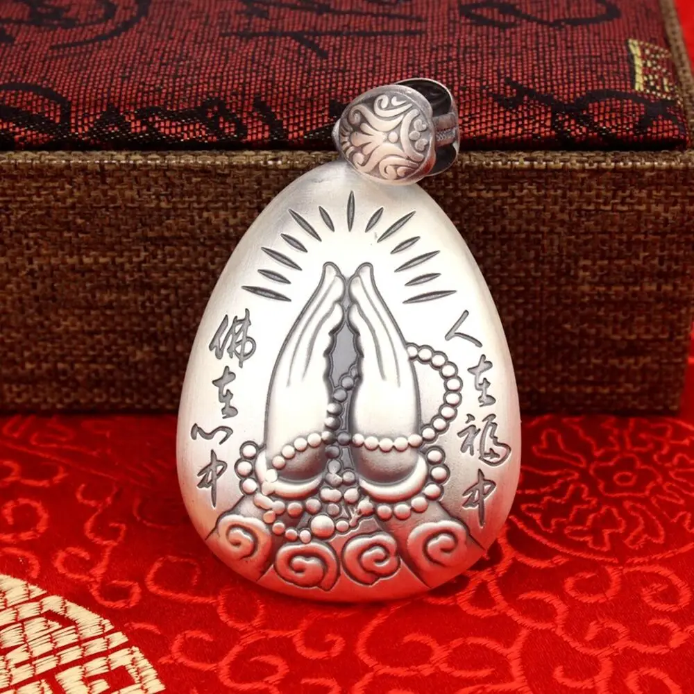 

Pure S999 Sterling Silver Lucky Bless Buddha Hand Sutra Lotus Amulet Pendant 20g