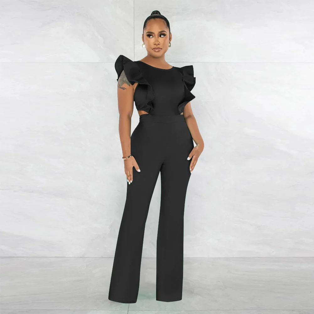 Women 2023 Summer New Jumpsuit Romper Ruffle Round Neck Solid Color Fashion Sexy Cut Out Backless Party Club Long Jumpsuit