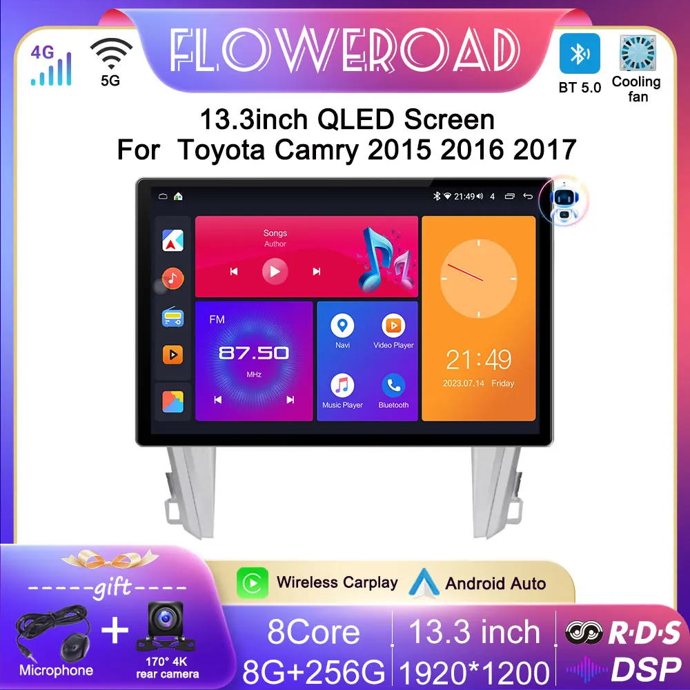 

13inch Car Radio Screen Android 13 For Toyota Camry 8 50 55 2015 2016 2017 Multimedia Player GPS Carplay Auto BT QLED 4G DSP RDS