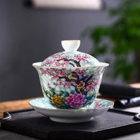 ceramic split cover bowl hand painted sancai cover bowl pastel flower and bird tea bowl blue and white tea set tea cup gaiwan
