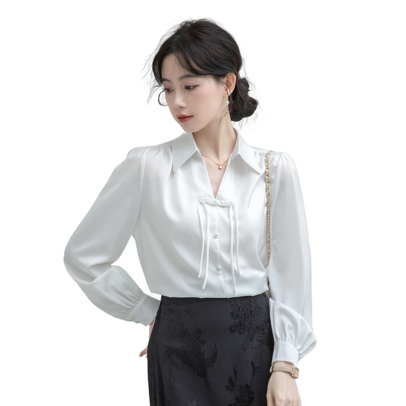 Женская атласная рубашка с длинным рукавом офисный топ в китайском ретро-стиле