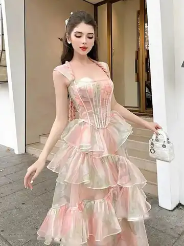 Chic Gorgeous Dresses For Womens 2023 Temperament Lace-up Ruffles Long Dress Birthday Party Princess Dress Fairy Free Shipping