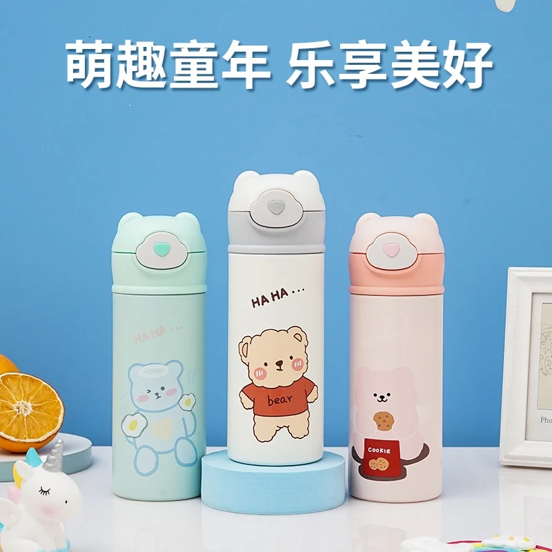 

New With Straw Cartoon Student Water Bottle Men And Women Portable Vacuum Stainless Steel Cup Thermal