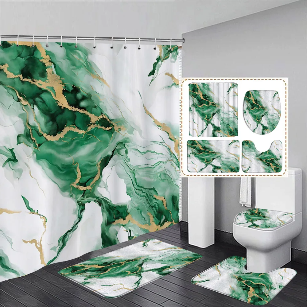 

Abstract Green Marble Shower Curtain Set Gold Line Texture Modern Geometric Home Bathroom Decor Carpet Bath Mat Toilet Lid Cover