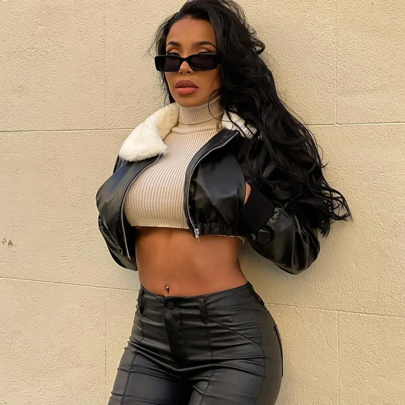 

Long Sleeve Zip Up Solid Fur Ruched Pu Leather Jacket Autumn Winter Women Fashion Streetwear Casual Outfits 2021 Motor Jacket