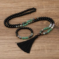 oaiite mala beads necklace bracelets natural black green onyx stone women lariat bohemian tribal rosary meditation jewelry set