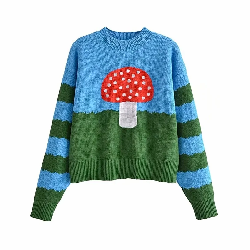 

Cartoon Mushroom Knitted Sweater 2021 New Fashion Women Preppy Style O-Neck Long Sleeve Pullovers Spring Autumn Casual Jumpers