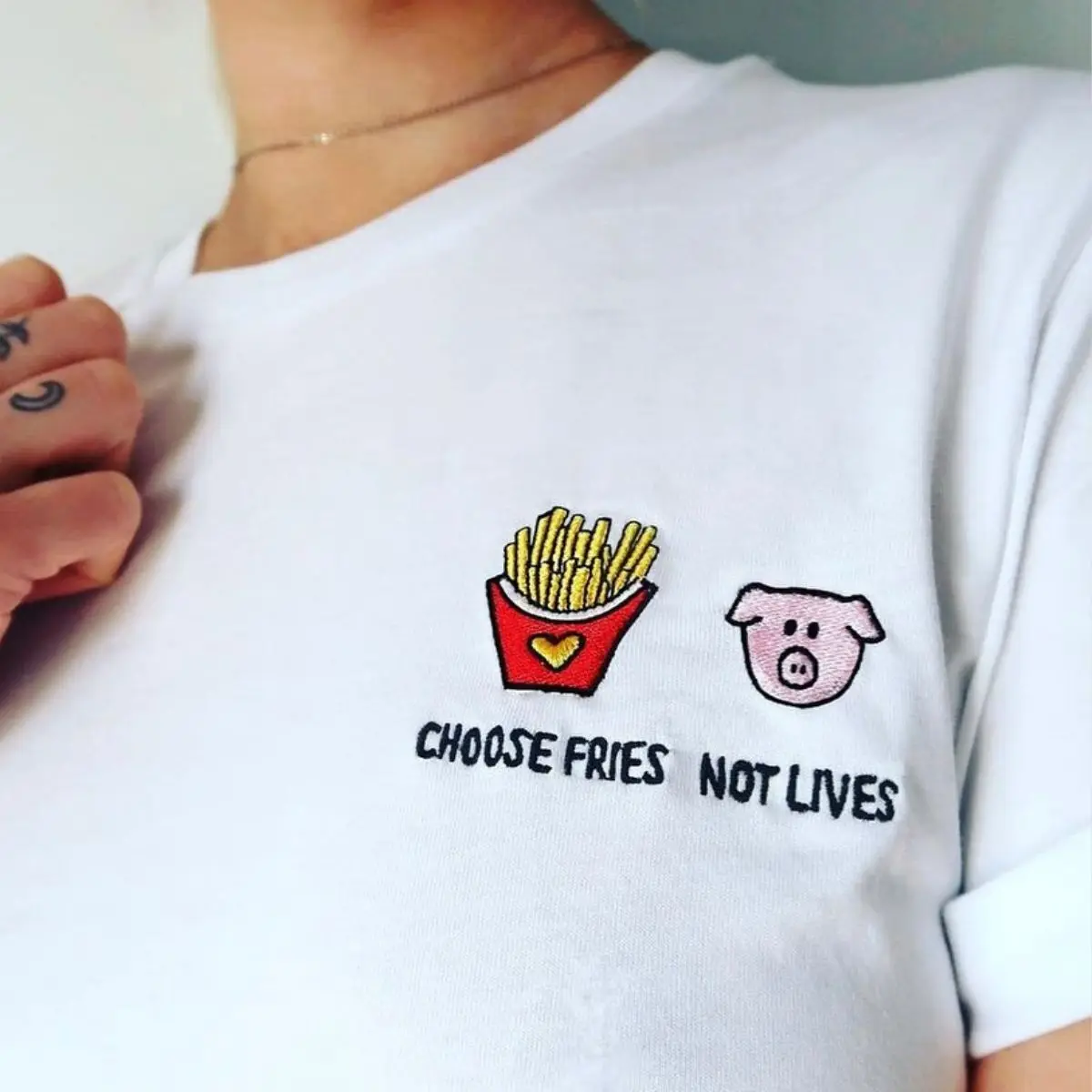

Rheaclots Women's CHOOSE FRIES NOT LIVES Embroidered Organic Print O-Neck Short Sleeve T-Shirt