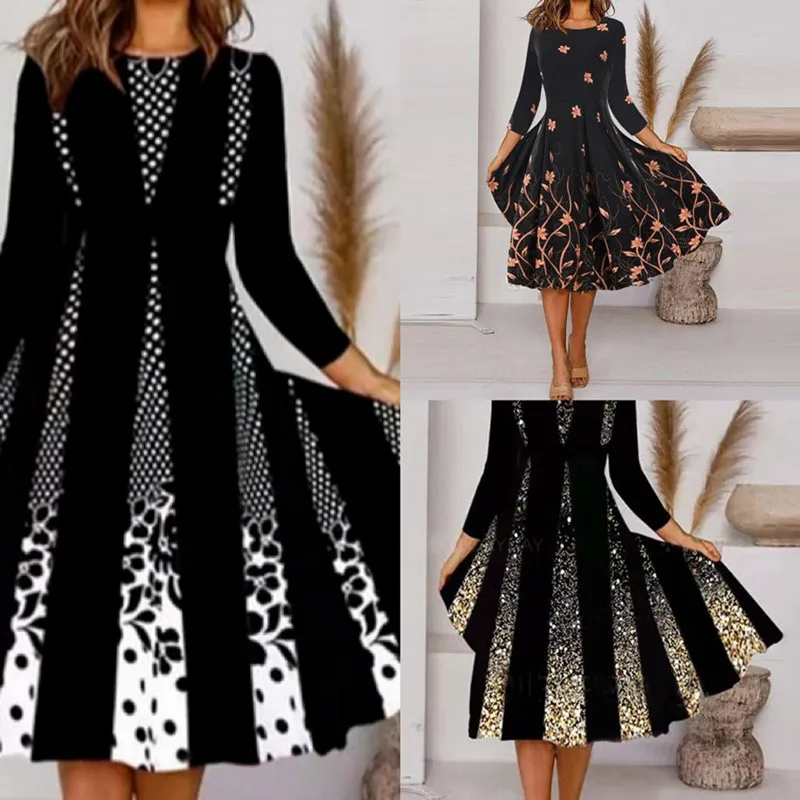 

Vestidos De Mujer Vintage Floral Dot Print Casual Dress Women Autumn Long Sleeve O-Neck A-Line Midi Dress 2022 New Robe Femme