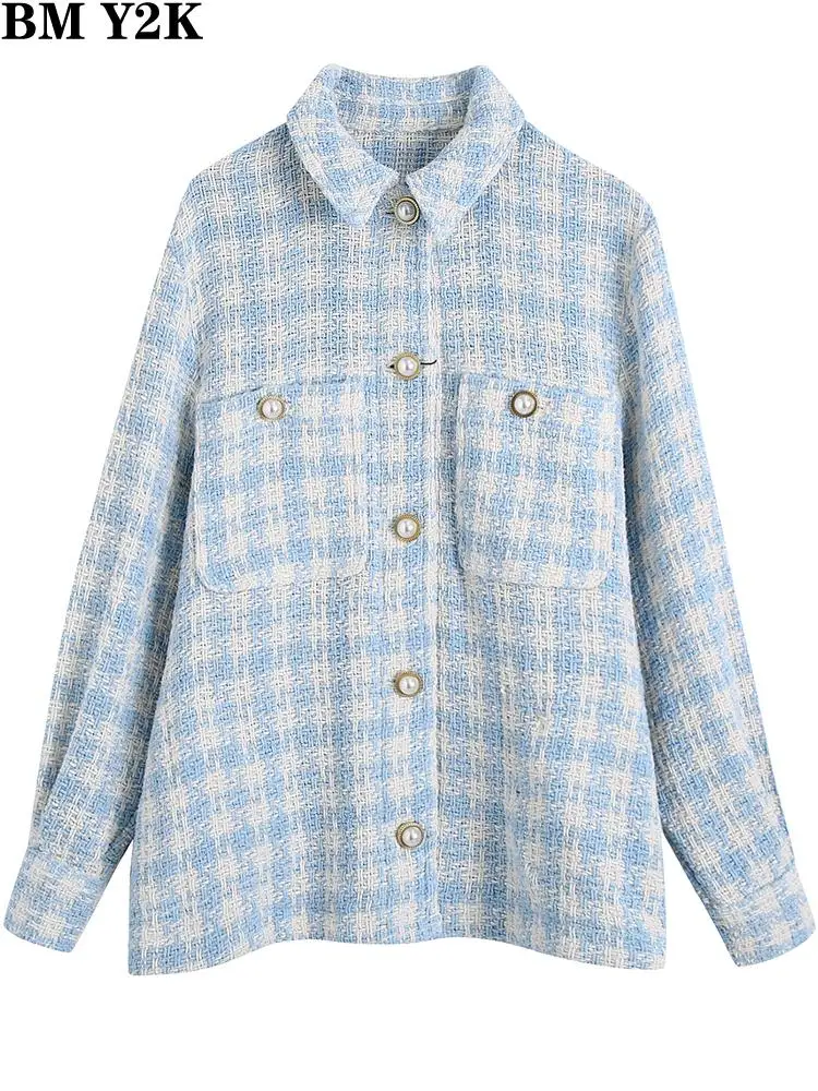 

BM Y2K traf jackets for women 2022 fashion houndstooth tweed jacket coat vintage long sleeve female outerwear chic overshirt