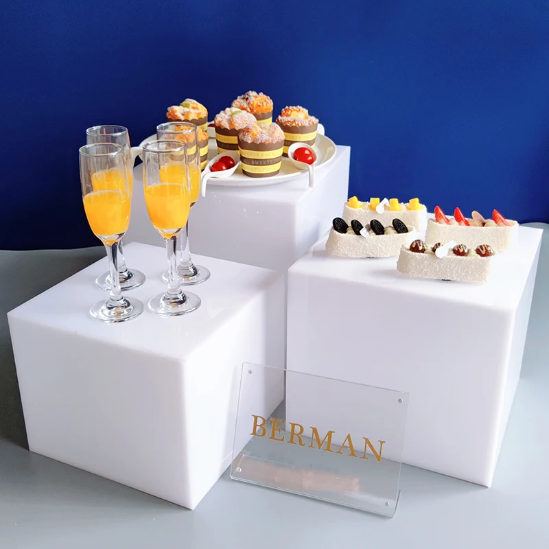 

3pcs set square wedding decoration acrylic dessert table set buffet cake snack display stand white acrylic riser