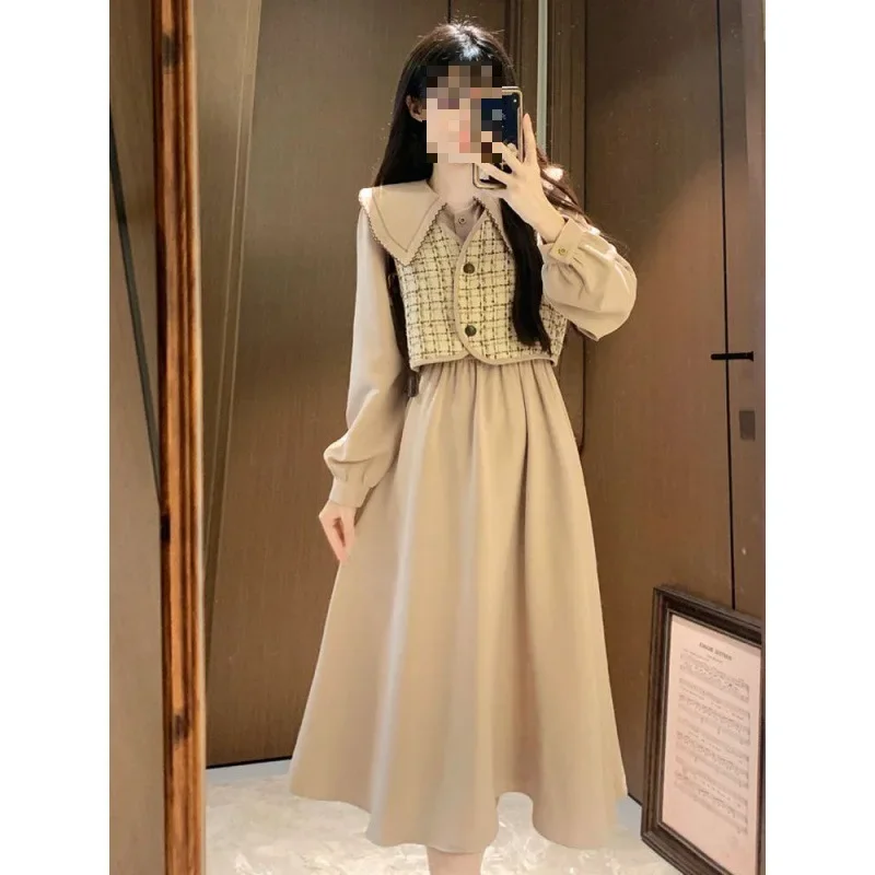 Винтажный клетчатый жилет женское милое платье с кукольным воротником