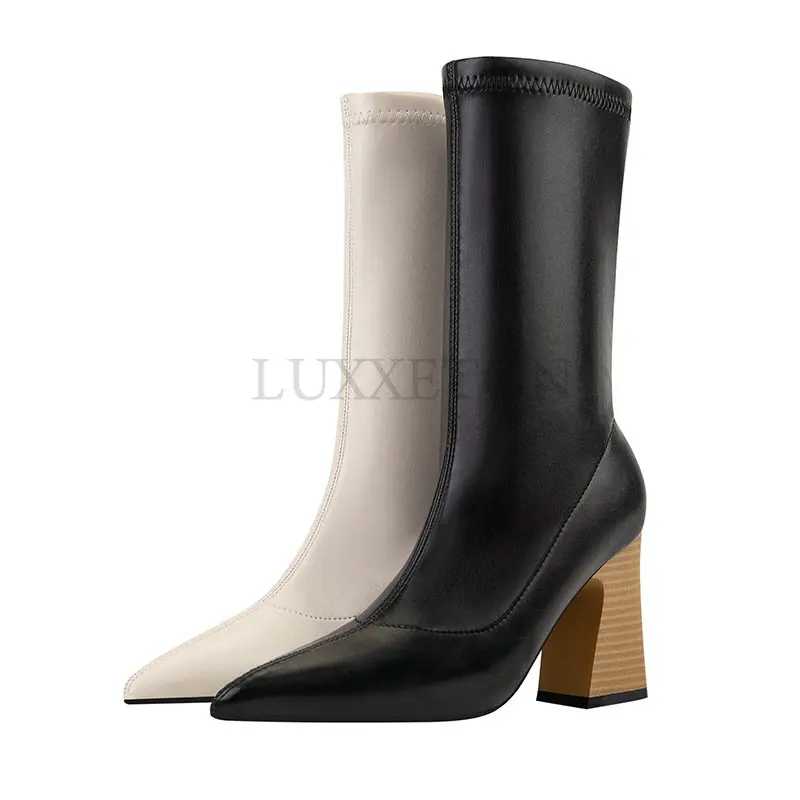 

Women Stretch Boots 7cm High Heels Fetish White Sock Ankle Boots Stripper Low Block Heels Warm Plush Autumn Winter Shoes