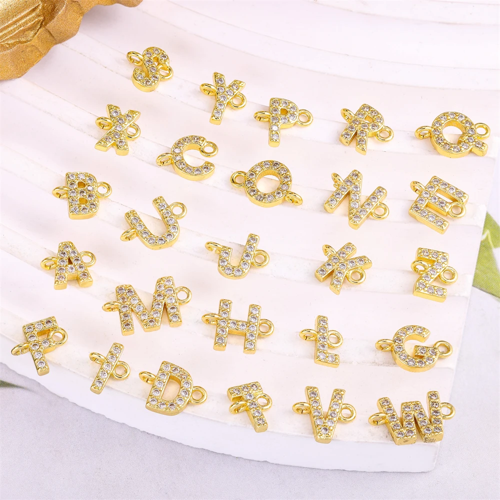 Фото Декоративные подвески-коннекторы Juya из меди с позолотой 18K, 2 петли, 26 букв алфавита, для создания украшений своими руками, именных кулонов и бижутерии. №3