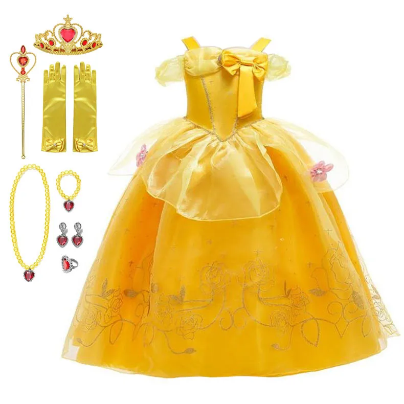 

Beauty and the beast Belle Princess Dress Halloween Fairy Costume Girls Belle Dress Yellow Shoulderless Dresses Child Pary Dress