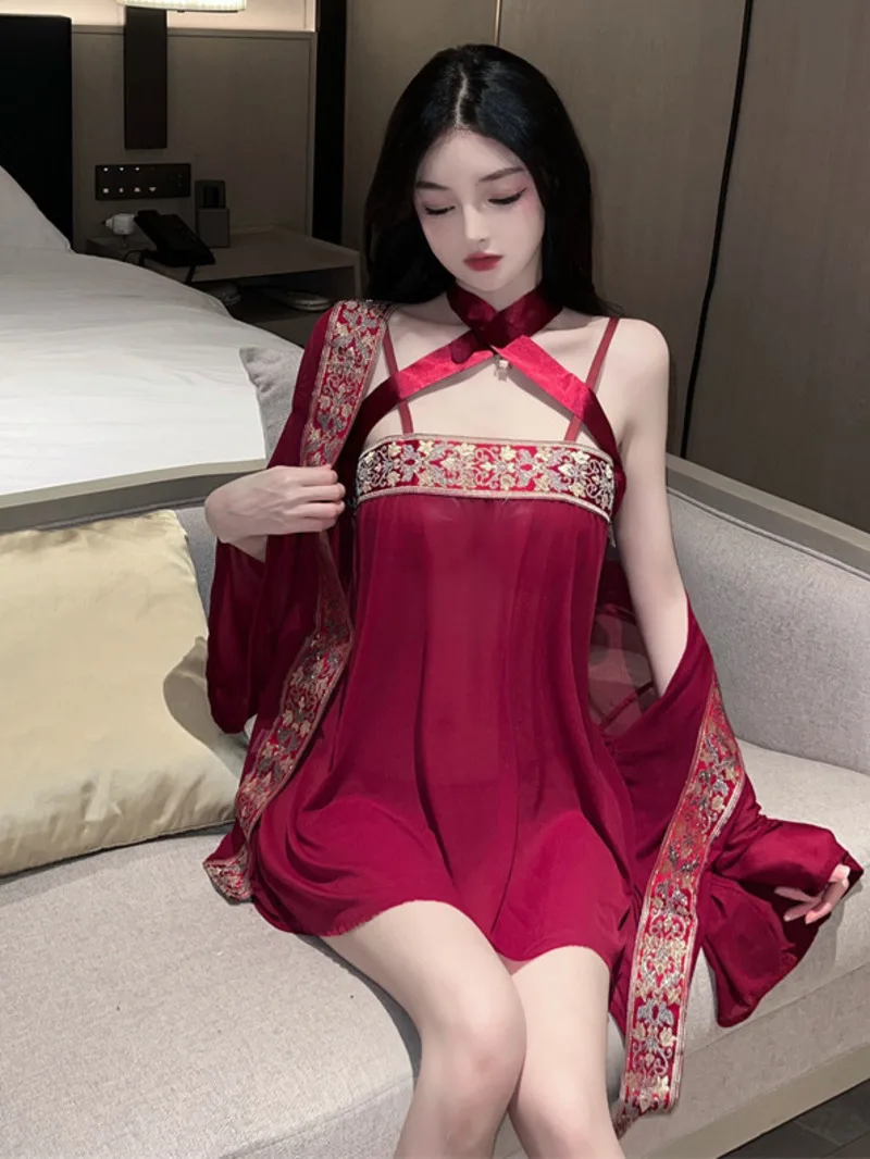 

Fashion Sweet Women Tops 2023 Transparent Sheer Sexy Uniform Perspective Yarn Antique Red Hanfu Dress Elegant 42K7