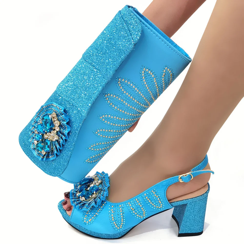 Latest Sky Blue Shoes and Bags Set 2023 Spring New Design Mature Style Italian Women Sandals with Shinning Crystal for Party