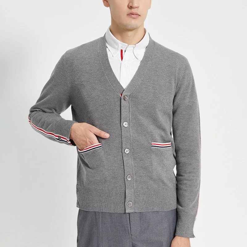 TB THOM Men's Knit Cardigan Luxury Brand Top Quality Wool Knit Sweaters Korean Knitted Striped Sleeve Pocket V-Neck Sweatshirts