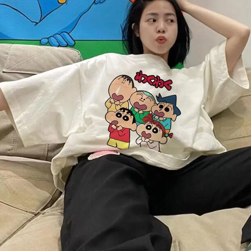 Новинка Милая футболка Kawaii Crayon Shin-Chan с коротким рукавом принтом из мультфильмов