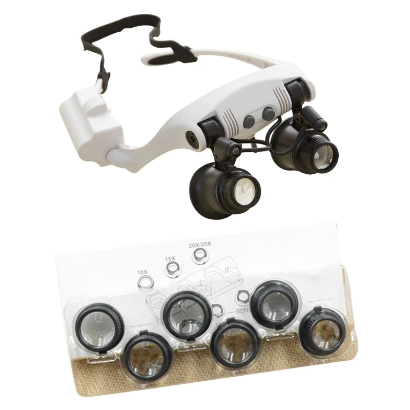 10X 15X 20X 25X Headband Magnifier Double Eyes Glass Jeweler Loupe with LED Lights 4 Replaceable Lens for Jeweler Watch