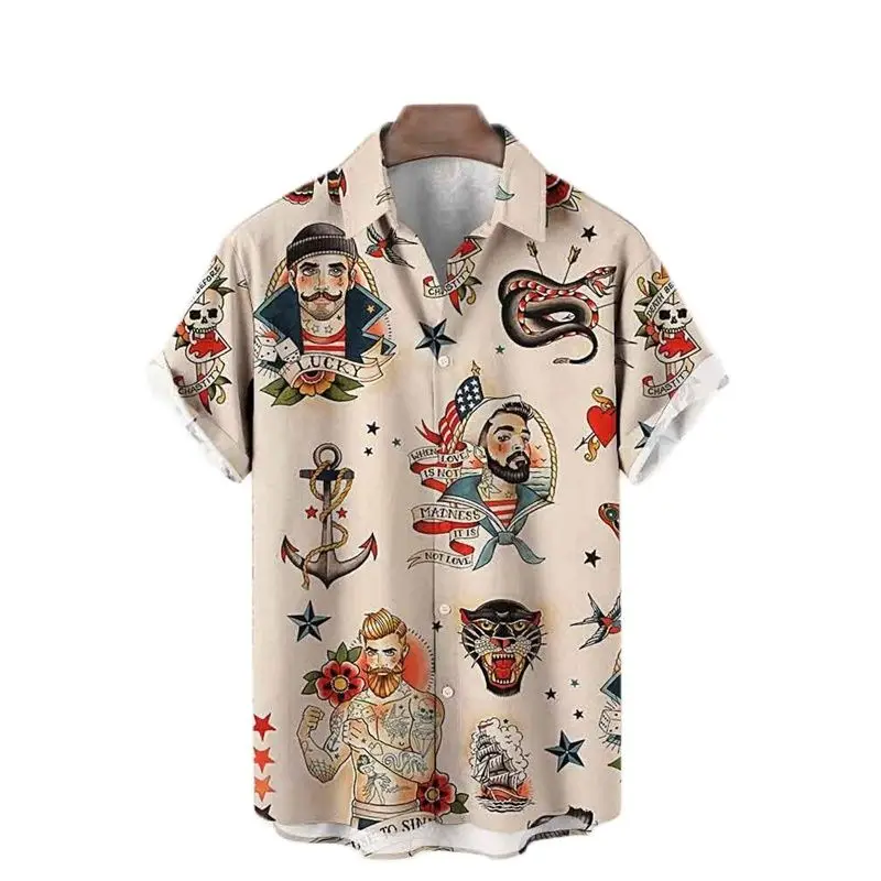 

Molilulu Men's Fashion Vintage Clothing Sailor Print Casual Breathable Short Sleeve Hawaiian Shirt
