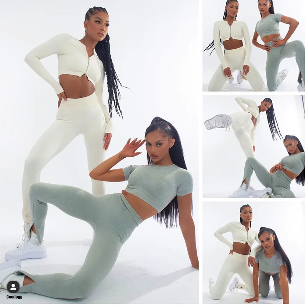 

Ribbed Women Sport Suit Zipper Yoga Set Gym Workout Clothes Long Sleeve Fitness Crop Top + High Waist Seamless Leggings Gym Set