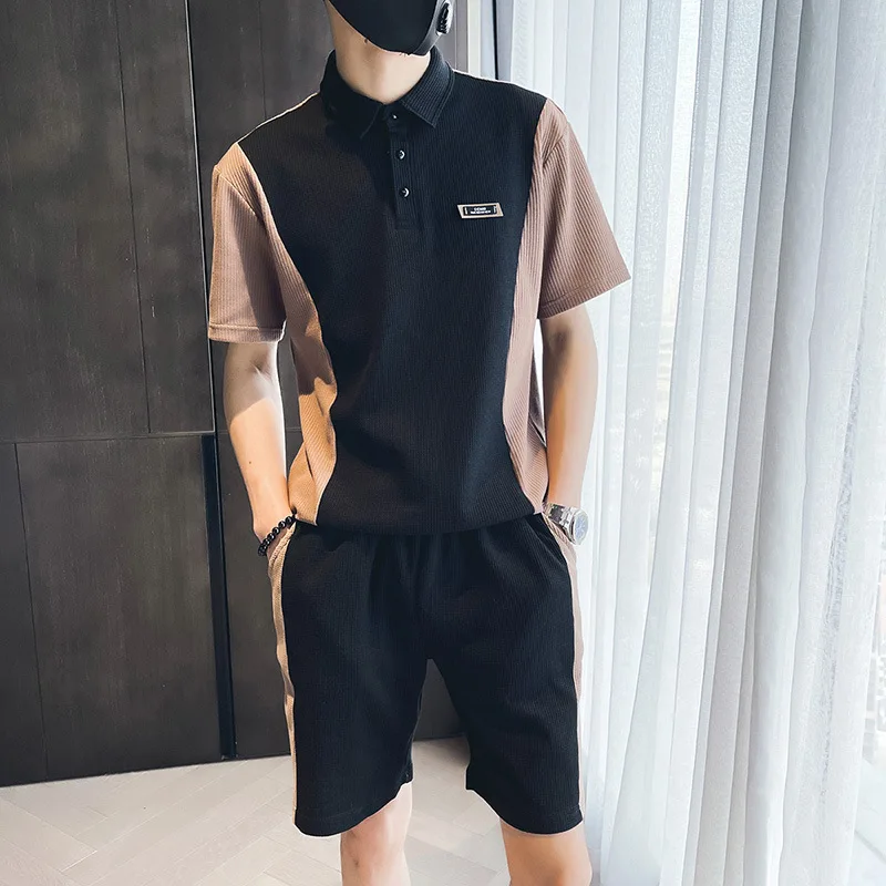 2023Man Summer Fashion  Button Polo Shirt+ Shorts 2 Sets Men's Business Casual Streetwear  Breathable Patchwork  Tracksuit Suit