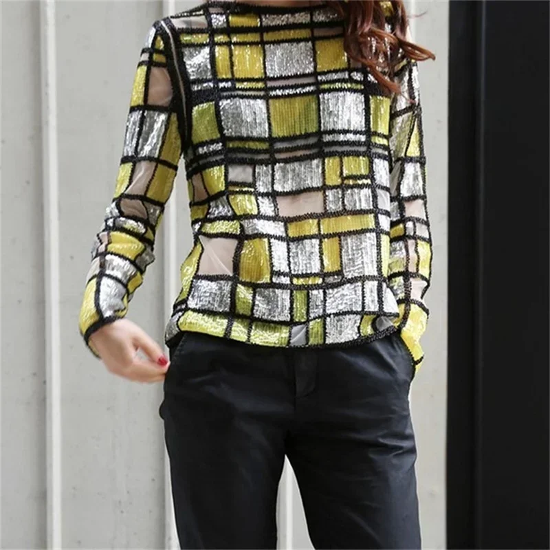 Женская блестящая блузка в клетку фиолетовая рубашка с длинным рукавом бусинами