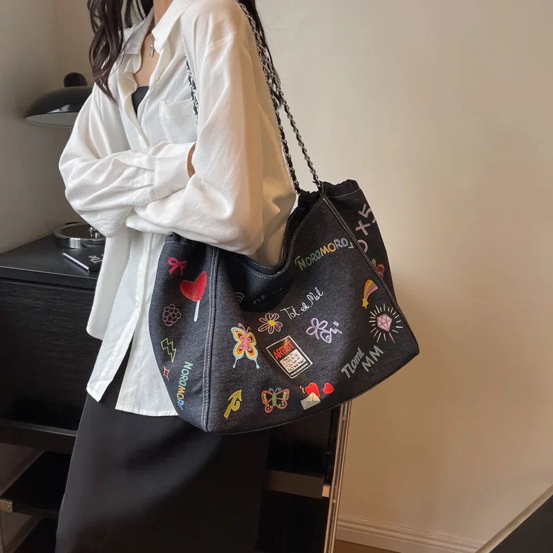 Casual Commuting Printed Graffiti Tote Bag Large Capacity Denim Shoulder Bags Fashion Chain Crossbody Satchel Shopping Storage