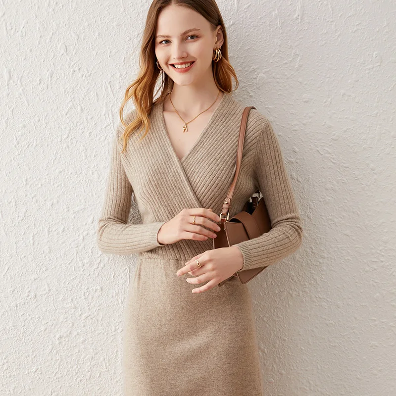 

Hot Sale Autumn Winter Dresses Long Sweater 100% Pure Cashmere Knitting Pullover Lady V-Neck Soft High Quality 3Color S-XXL Clo