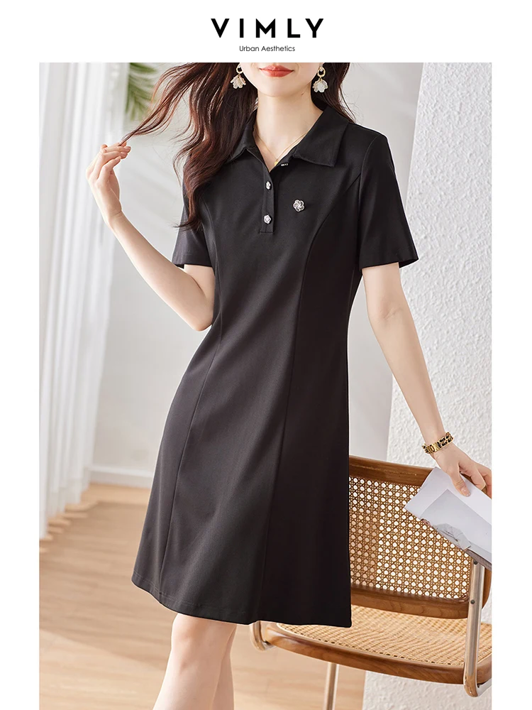 

Vimly A Line Shirt Dress for Women 2023 Summer Pullover Waist Office Lady Short Sleeves French Female Vestidos Turndown Collar