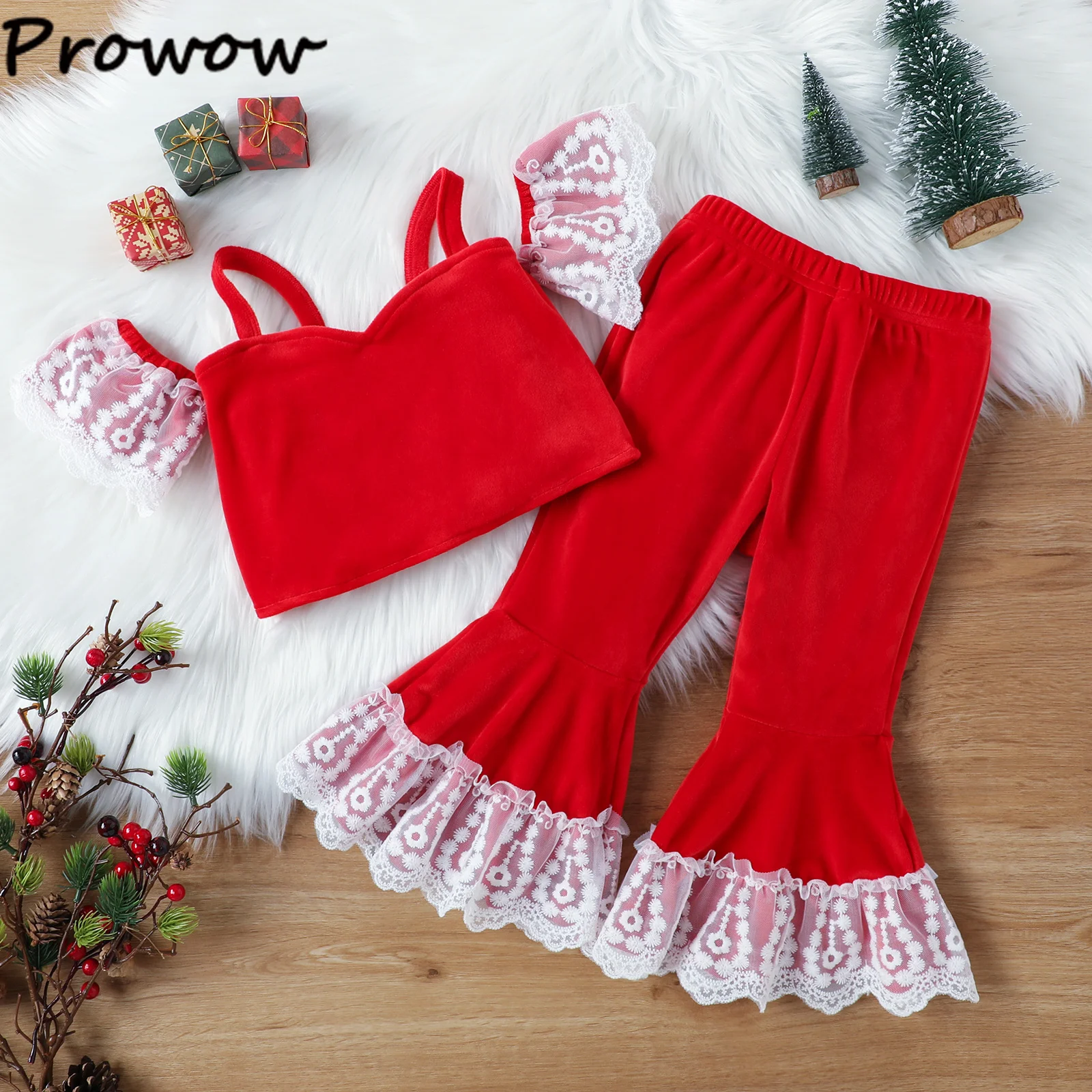 

Prowow 2PCS Christmas Children Girls Outfit Velvet Off The Shoulder Tops+ Red Flared Pants 2023 New Year's Clothes Kids Costumes