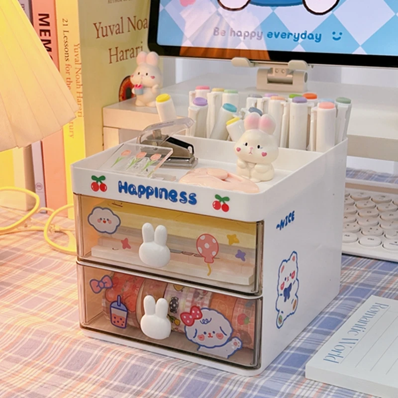 

Kawaii Large Capacity Desk Accessories Pen Holder With Drawer Cute Pencil Storage Box Desktop Organizer School Office Stationery