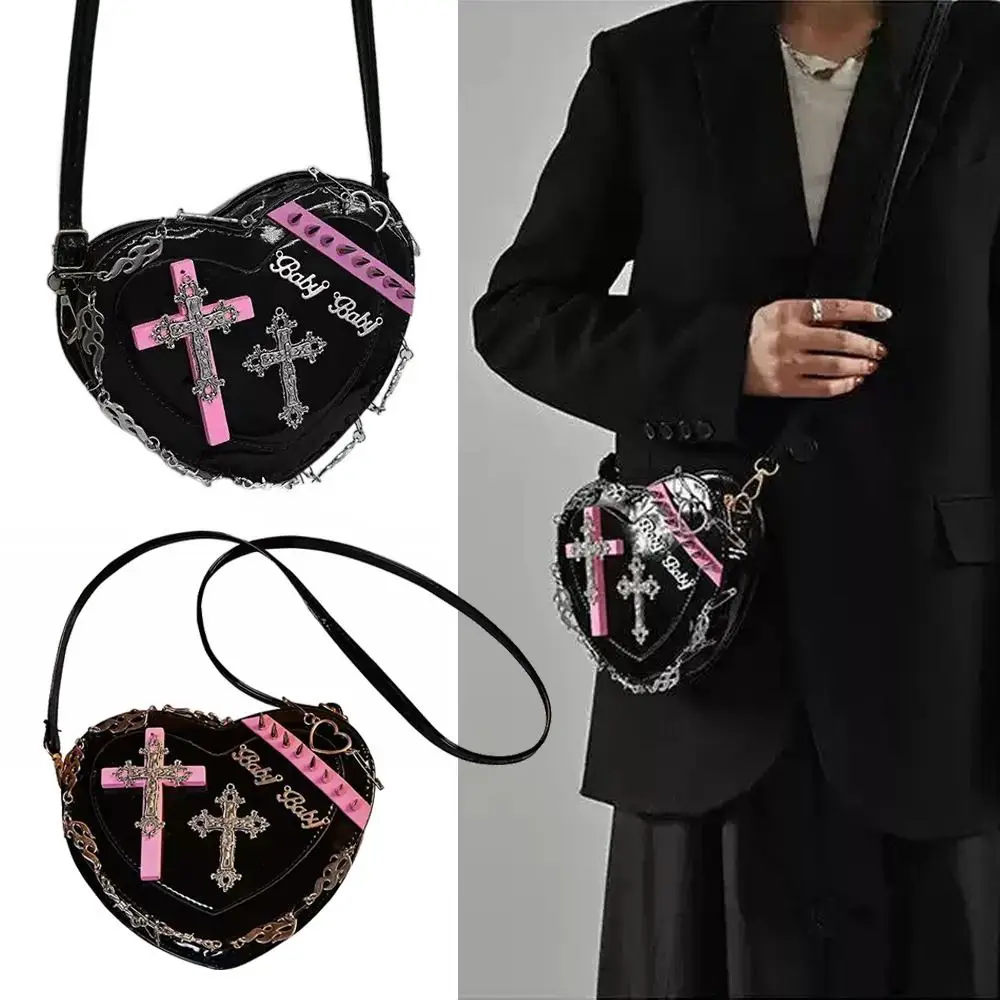 

Lolita Clutch Heart Crossbody Bag Female Rivet Metacl Chain Gothic Girls Messenger Bag Punk Shoulder Bags Women Girls