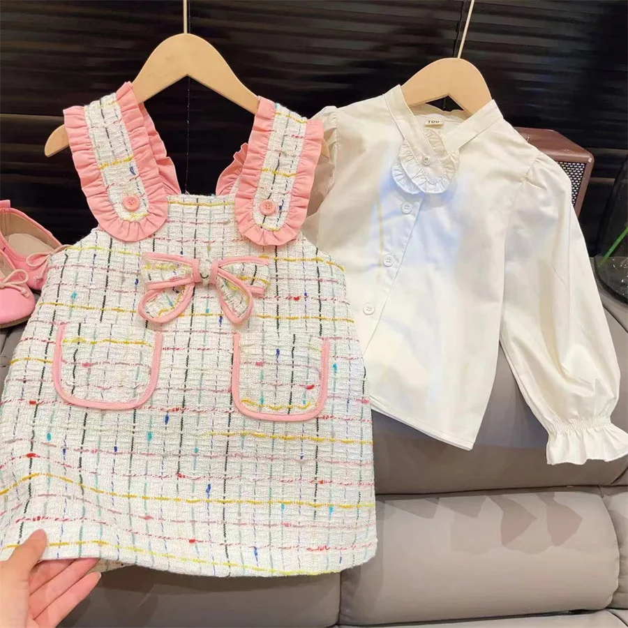 Платья для девочек весна-осень 2024 Детский комбинезон принцессы рубашки костюм из