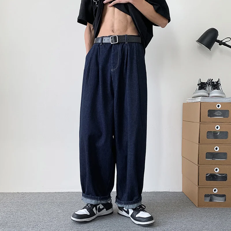 Navy Grey Baggy Jeans Men Fashion Oversized Wide Leg Jeans Men Japanese Streetwear Hip Hop Loose Straight Denim Trousers Men